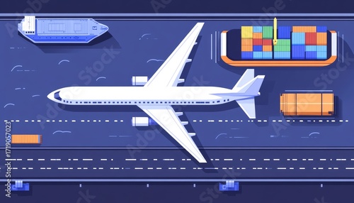 Aerial view of diverse transportation methods on a dark surface