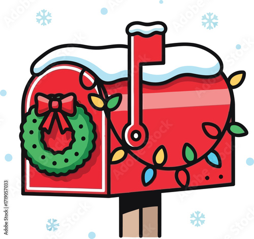 Vector art of red christmas mailbox with wreath and lights