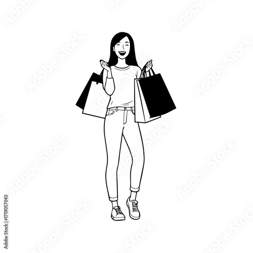 Black and white line art of a beautiful happy woman carrying shopping bags minimalist cheerful illustration
