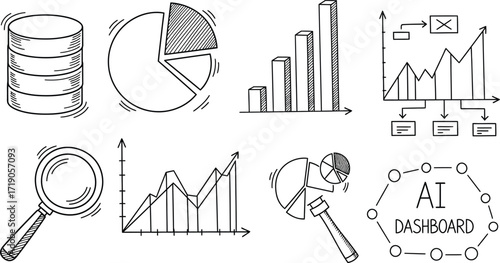 A collection of hand drawn data visualization elements including charts graphs and ai dashboard design icons