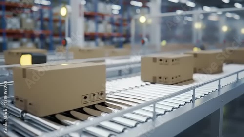 High-tech warehouse operations featuring smart conveyor belts moving packaged goods for streamlined distribution and supply chain management