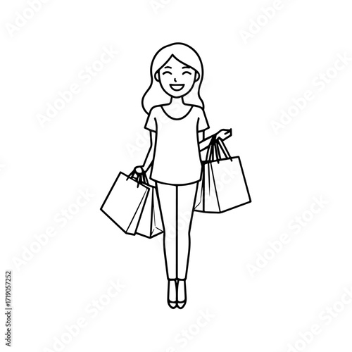 Black and white line art of a beautiful happy woman carrying shopping bags minimalist cheerful illustration