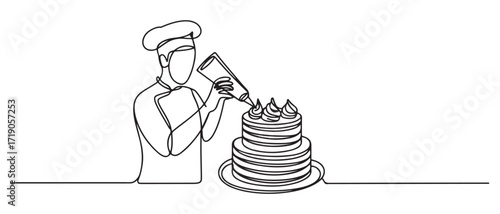 The pastry chef decorates the cake with cream using a pastry bag. one line Icon drawing with white background