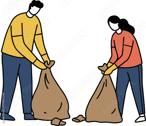 Man and woman cleaning up trash together while wearing gloves in a community setting  