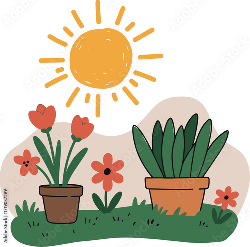 Colorful plants in flowerpots under a bright sun in a cheerful garden background, concept of flat style with outline, transparent background.  