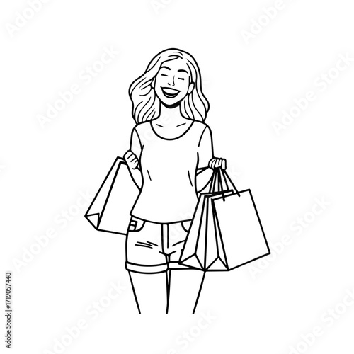 Black and white line art of a beautiful happy woman carrying shopping bags minimalist cheerful illustration