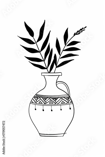 Line drawing of a simple vase with a geometric design and stylized leaves