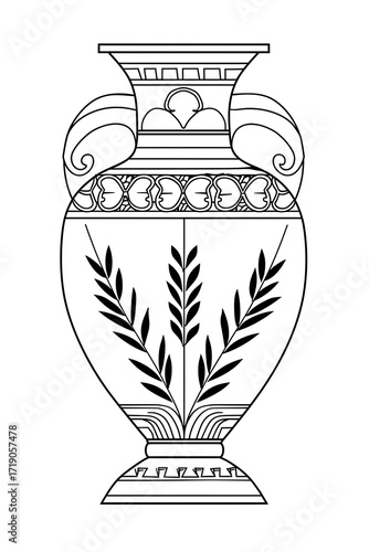 A line drawing of a classical amphora with two handles, decorative bands, and stylized wheat motifs