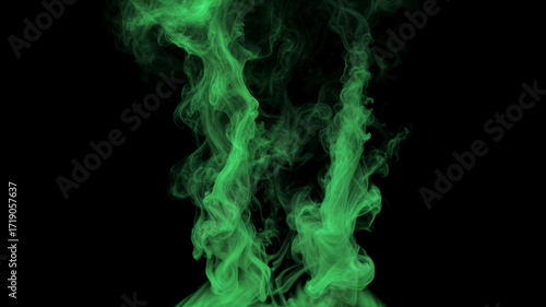 Two Isolated swirling vortex of green smoke or mist on a black background
