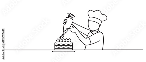 The pastry chef decorates the cake with cream using a pastry bag. one line Icon drawing with white background