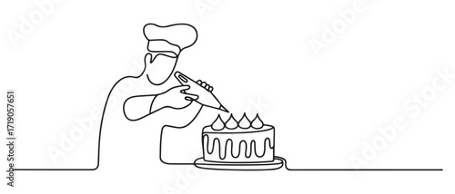 The pastry chef decorates the cake with cream using a pastry bag. one line Icon drawing with white background