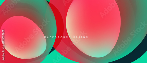 Abstract shapes overlap, creating vibrant red, teal gradients. Modern design features smooth curves, dynamic composition. Minimalist aesthetic.
