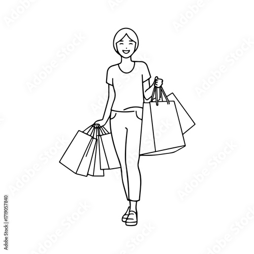 Black and white line art of a beautiful happy woman carrying shopping bags minimalist cheerful illustration