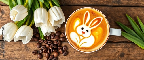 Easter bunny latte art in coffee cup, white tulips, coffee beans on wood,  coffee shop,  background