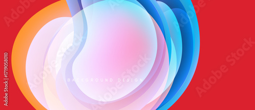 Abstract flowing shapes, vibrant colors, modern design. Red background complements layered curves, creating dynamic visual effect.
