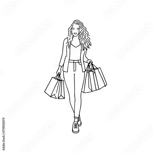 Black and white line art of a beautiful happy woman carrying shopping bags minimalist cheerful illustration