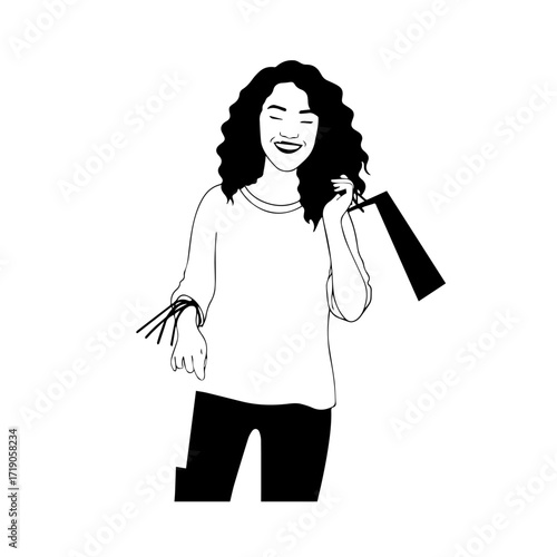 Black and white line art of a beautiful happy woman carrying shopping bags minimalist cheerful illustration