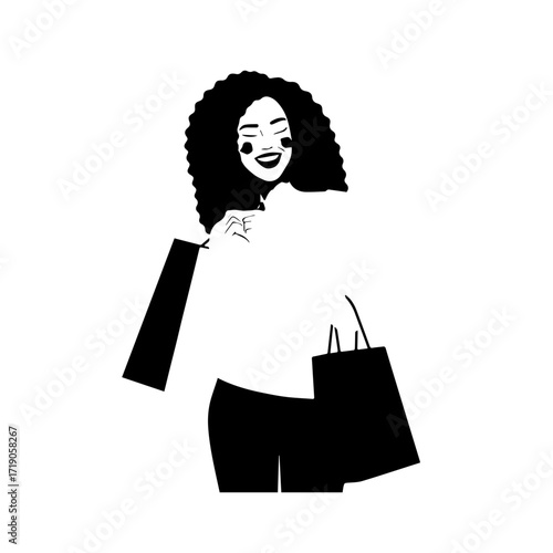 Black and white line art of a beautiful happy woman carrying shopping bags minimalist cheerful illustration