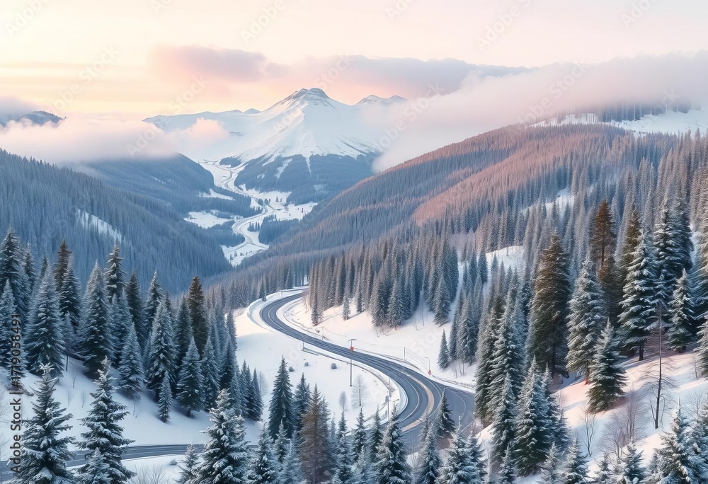 Pastel Scandinavian snowy mountain landscape seamless border; vector illustration of spruce forest, winding roads, cloudy peaks ,  nursery,  calm