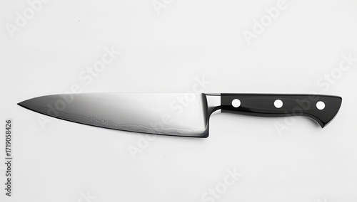 A chef's knife with a stainless steel blade and a black handle with rivets, photographed against a white background