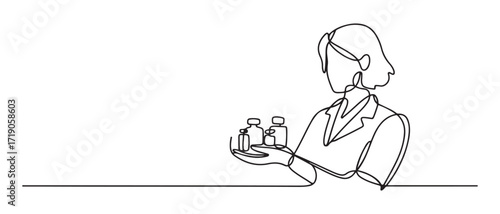 A woman pharmacist holds medicines in her hands. Proper selection of medicines. World Pharmacists Day. one line Icon drawing with white background