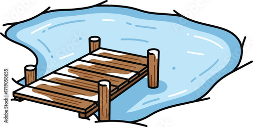 Vector art of wooden dock on a frozen body of water in winter