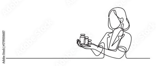 A woman pharmacist holds medicines in her hands. Proper selection of medicines. World Pharmacists Day. one line Icon drawing with white background