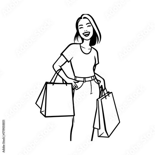 Black and white line art of a beautiful happy woman carrying shopping bags minimalist cheerful illustration