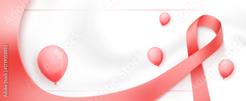 Red awareness ribbon with balloons on white background, symbol for World AIDS Day, support, and prevention campaign