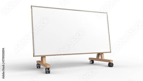 A large, freestanding whiteboard on wheels with a light wood frame and stand, isolated on a white background.  It's positioned at a slight angle, showcasing its mobility and blank surface