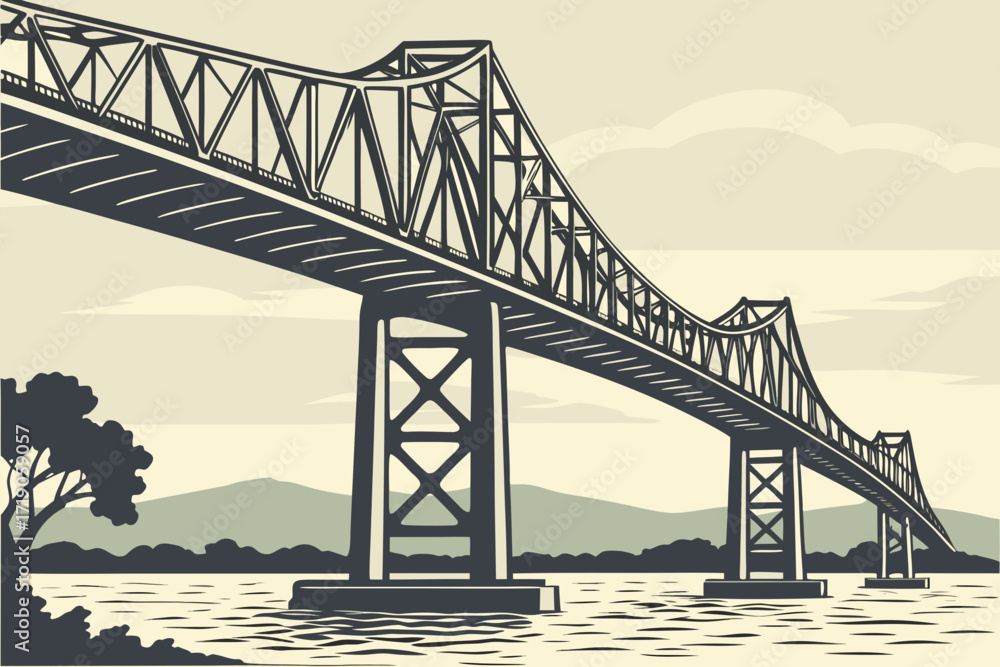 Fototapeta premium Antioch Bridge in California, tall truss bridge with long span stretching over Delta waters