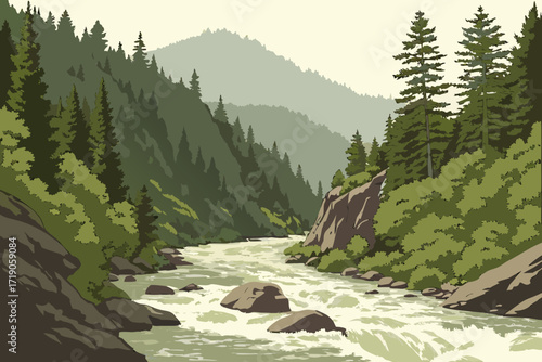 Arkansas River in Colorado, mountain river with whitewater rapids flowing through pine forests and rocky gorges