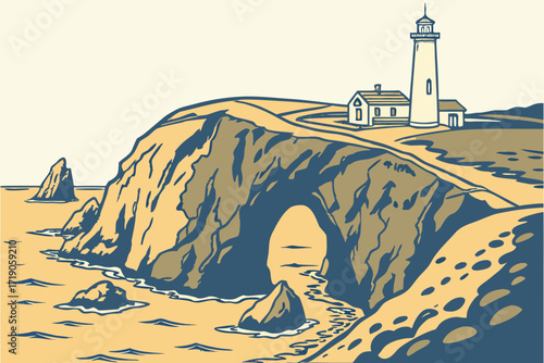 Anacapa Island in California, rugged cliffs with lighthouse and arch rock formations