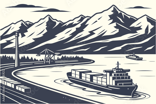 Anchorage Port in Alaska, cargo ships docked with snowy Chugach Mountains rising beyond icy waters
