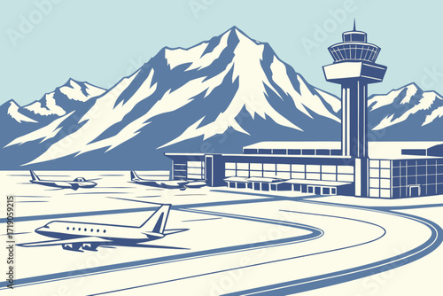 Anchorage Ted Stevens International Airport in Alaska, snowy runways with planes against mountain peaks