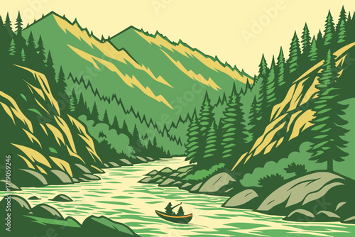 Animas River in Durango, Colorado, rushing alpine waters with rafters and surrounding pine-covered mountains