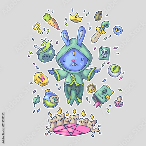 A blue rabbit in a green robe floats with magical items around, including a crown, sword, and potion. Cartoon vector character. Trendy style. Vector illustration.