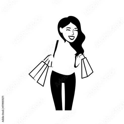 Black and white line art of a beautiful happy woman carrying shopping bags minimalist cheerful illustration