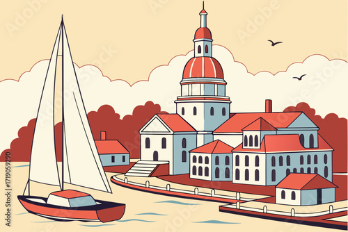 Annapolis Harbor in Maryland, sailboats and colonial buildings lining historic Chesapeake Bay waterfront