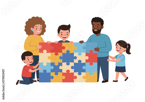 A cartoon family of five assembling a colorful jigsaw puzzle together