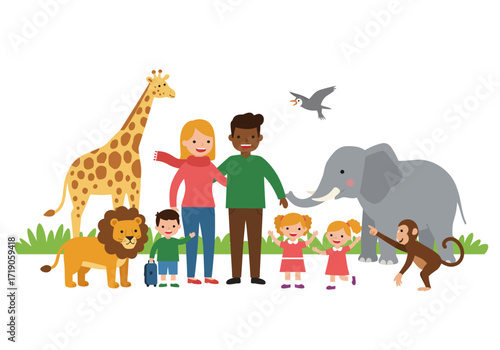 A cartoon family at the zoo with a giraffe lion elephant monkey and bird