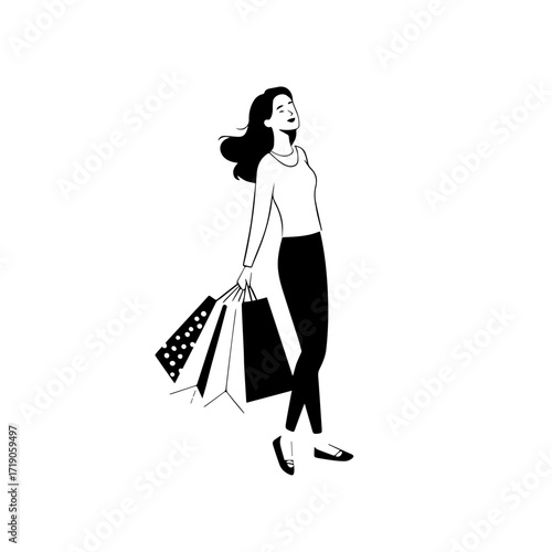 Black and white line art of a beautiful happy woman carrying shopping bags minimalist cheerful illustration