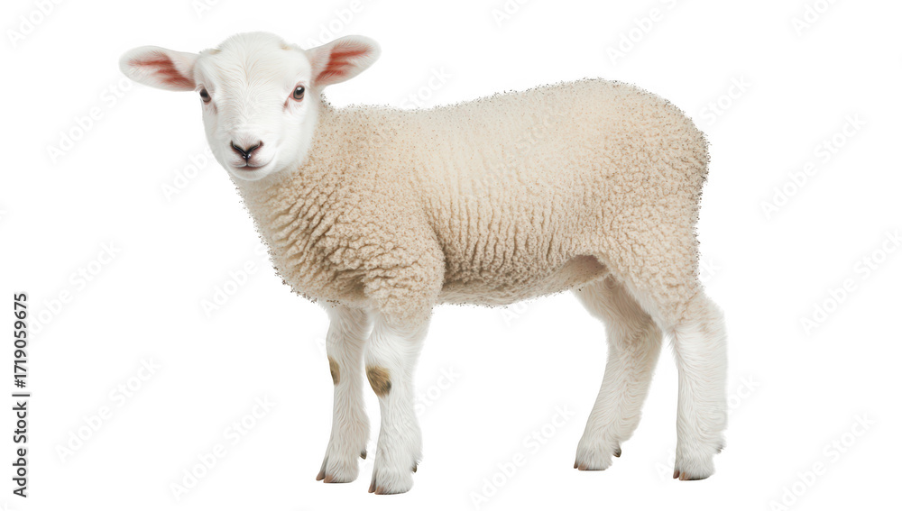 Fototapeta premium A fluffy white lamb standing gracefully on a plain background. its soft wool and playful demeanor. perfect for agricultural themes. childrens books. or animal care campaigns