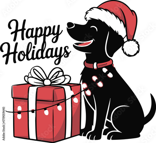 Christmas dog with Santa hat and gift silhouette vector