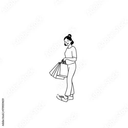 Black and white line art of a beautiful happy woman carrying shopping bags minimalist cheerful illustration