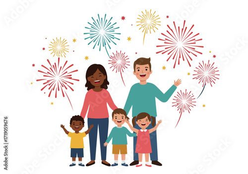 A family of five stands smiling amidst colorful fireworks