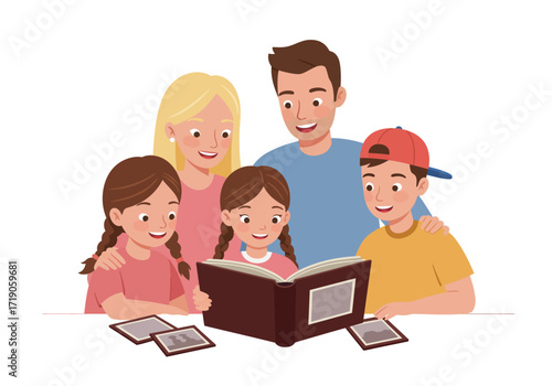 A family of five looking at a photo album surrounded by individual photos