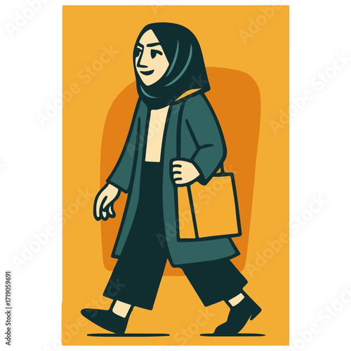 Muslim Woman in Hijab Walking with Book & Tote — Student/Campus Lifestyle, Diversity & Inclusion, Flat Vector
