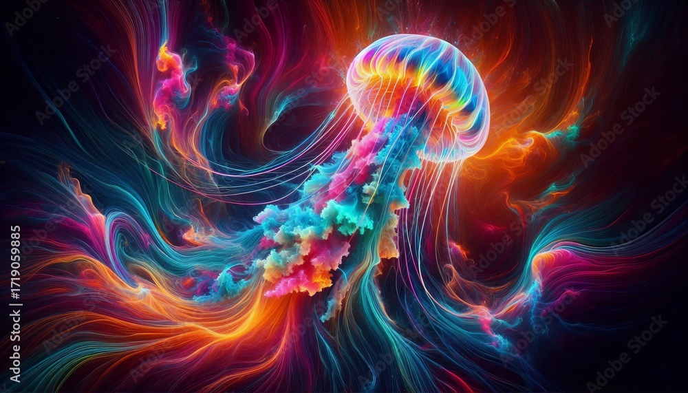 Fototapeta premium Brightly colored neon jellyfish pulse in an abstract pattern, changing into vibrant shades.
