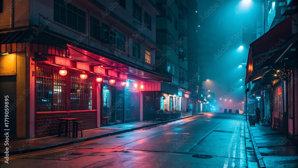Fototapeta premium Moody and atmospheric view of a deserted city street illuminated by vibrant red and blue neon lights on a foggy, rainy night